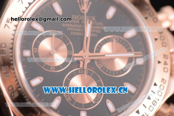 Rolex Cosmograph Daytona Clone Rolex 4130 Automatic Rose Gold Case with Black Dial Stick Markers and Brown Leather Strap (BP) - Click Image to Close